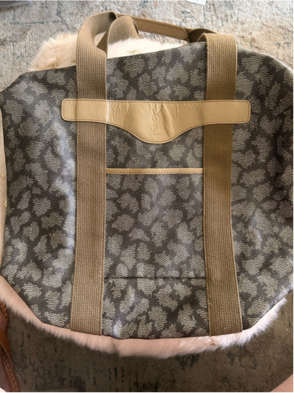 Yves Saint Laurent Travel Tote Grey and Beige Giraffe Print